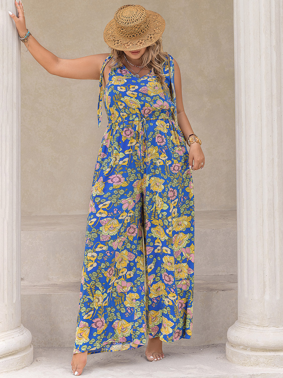 Plus Size Boho Printed V-Neck Wide Leg Jumpsuit outfits Krazy Heart Designs Boutique