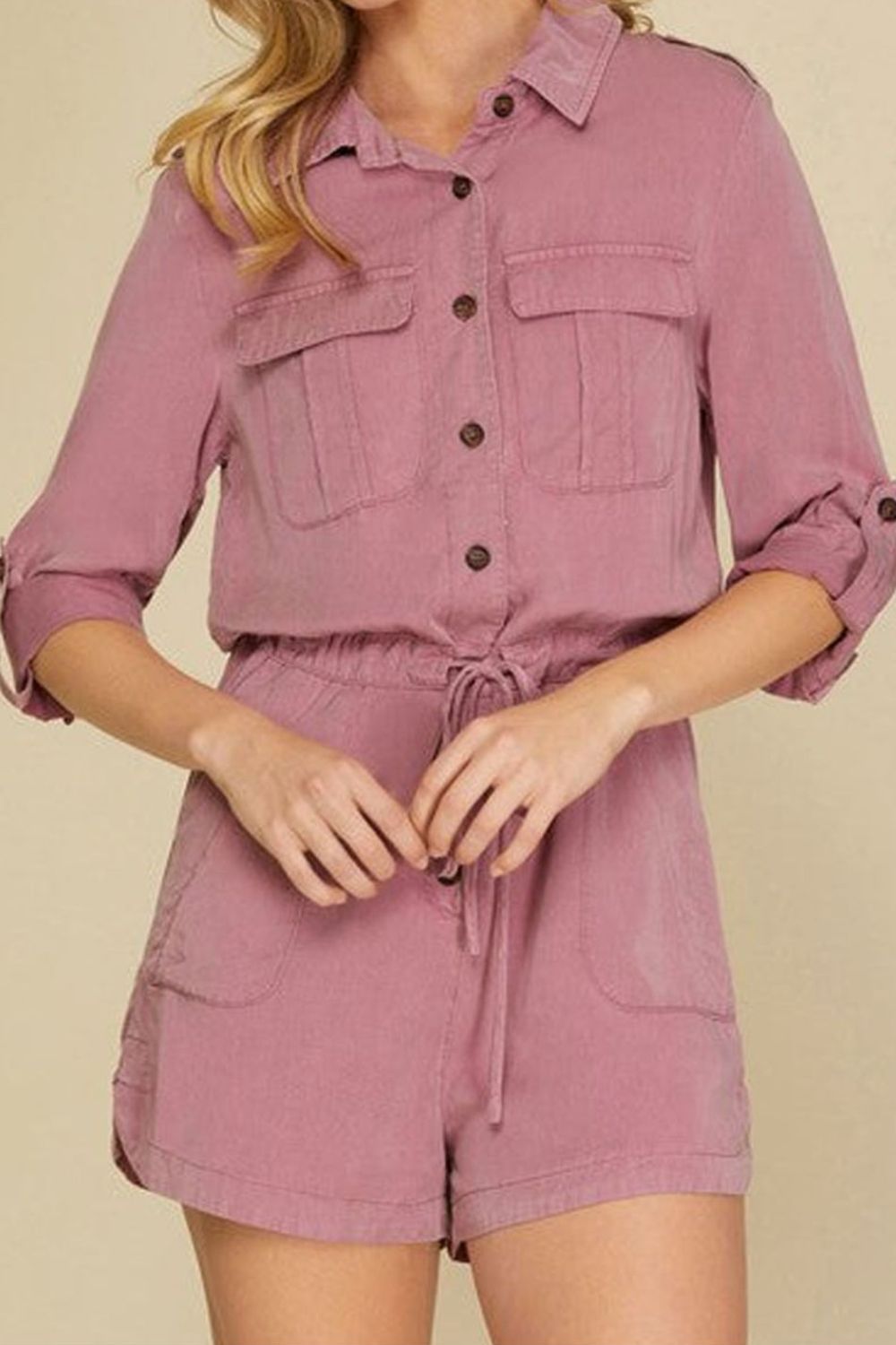 Collared Neck Drawstring Roll-Tab Sleeve Romper (2 Colors) Outfit Sets Krazy Heart Designs Boutique