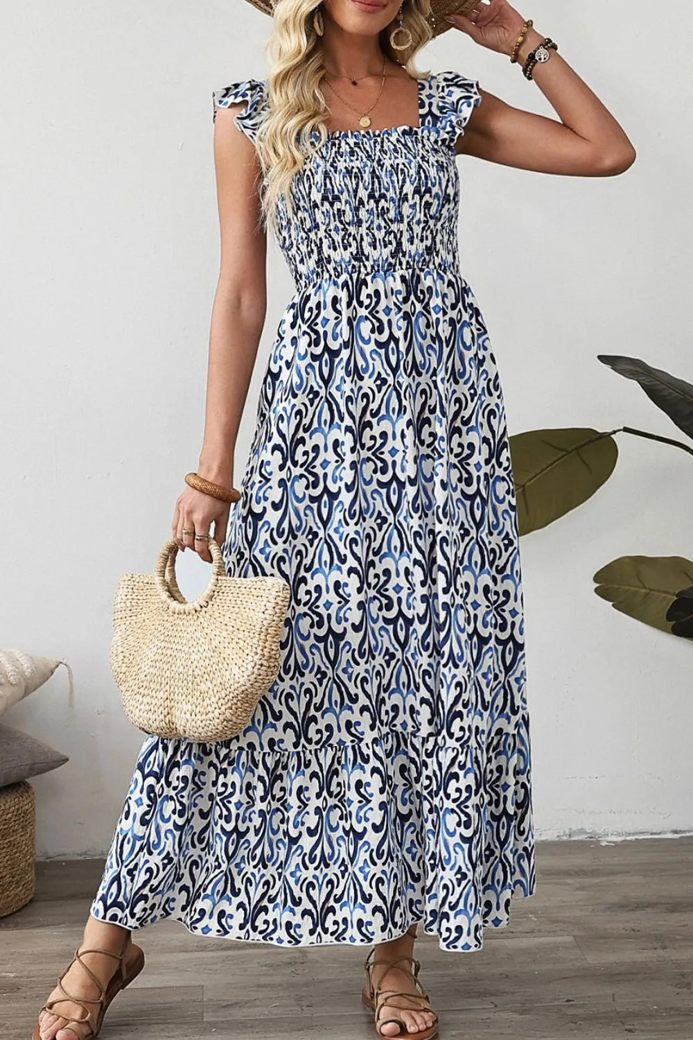 Dusty Blue Printed Smocked Square Neck Dress Dress Krazy Heart Designs Boutique