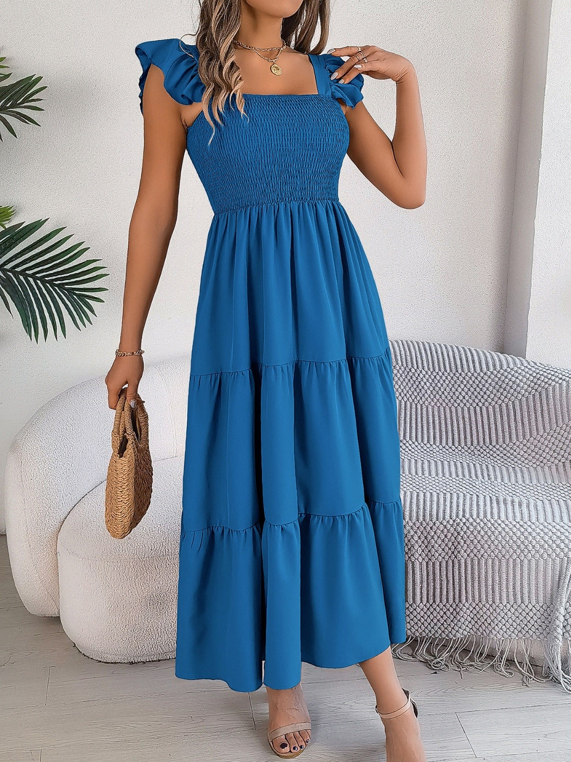 Smocked Square Neck Cap Sleeve Midi Dress (5 Colors) Dress Krazy Heart Designs Boutique