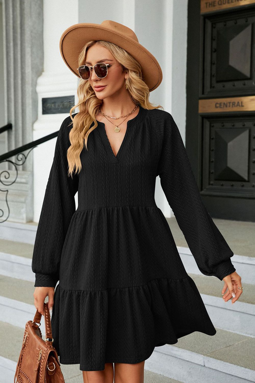 Notched Neck Long Sleeve Mini Dress (6 Colors) Dress Krazy Heart Designs Boutique Black S