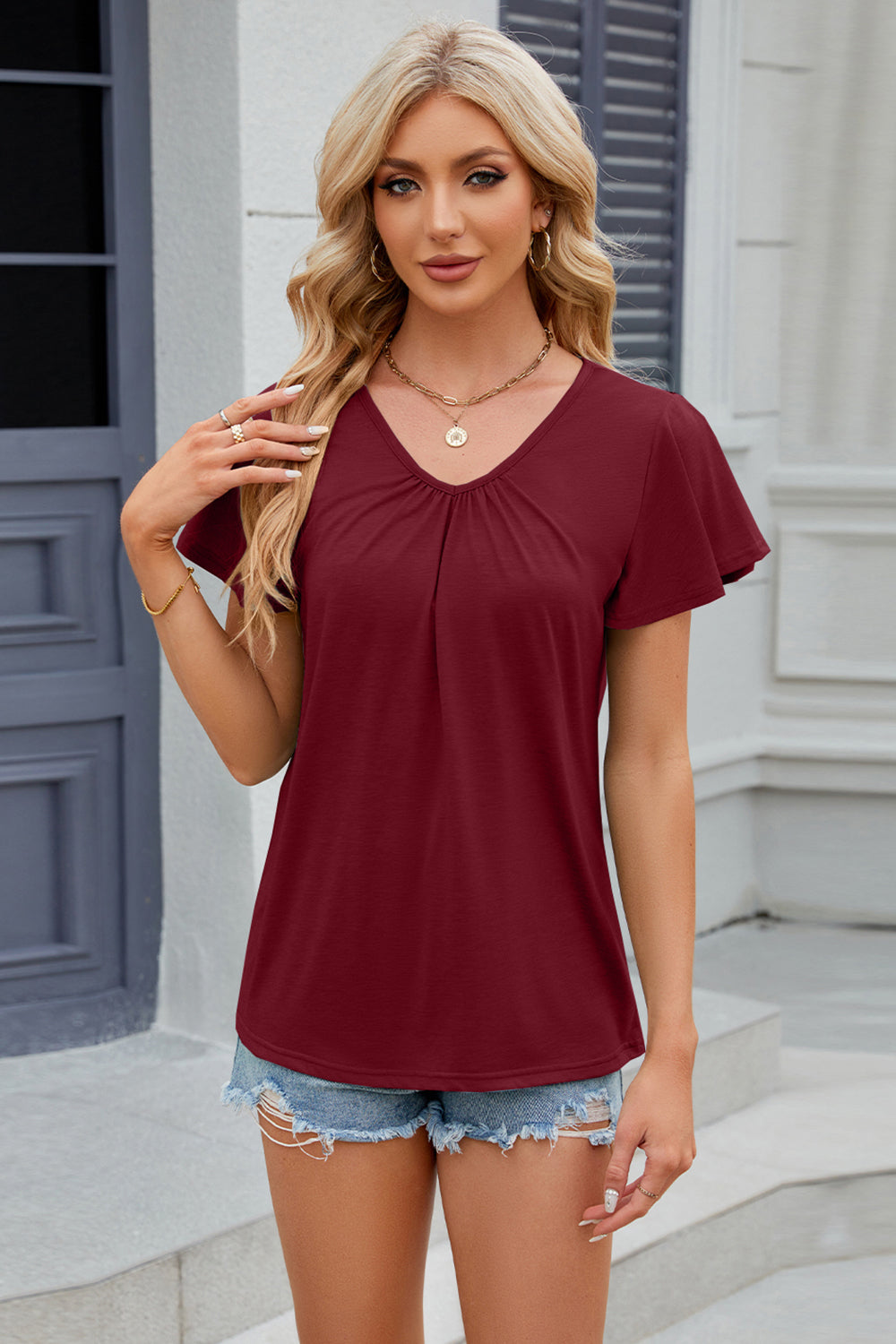 V-Neck Short Sleeve Top (8 Colors) Shirts & Tops Krazy Heart Designs Boutique Wine S