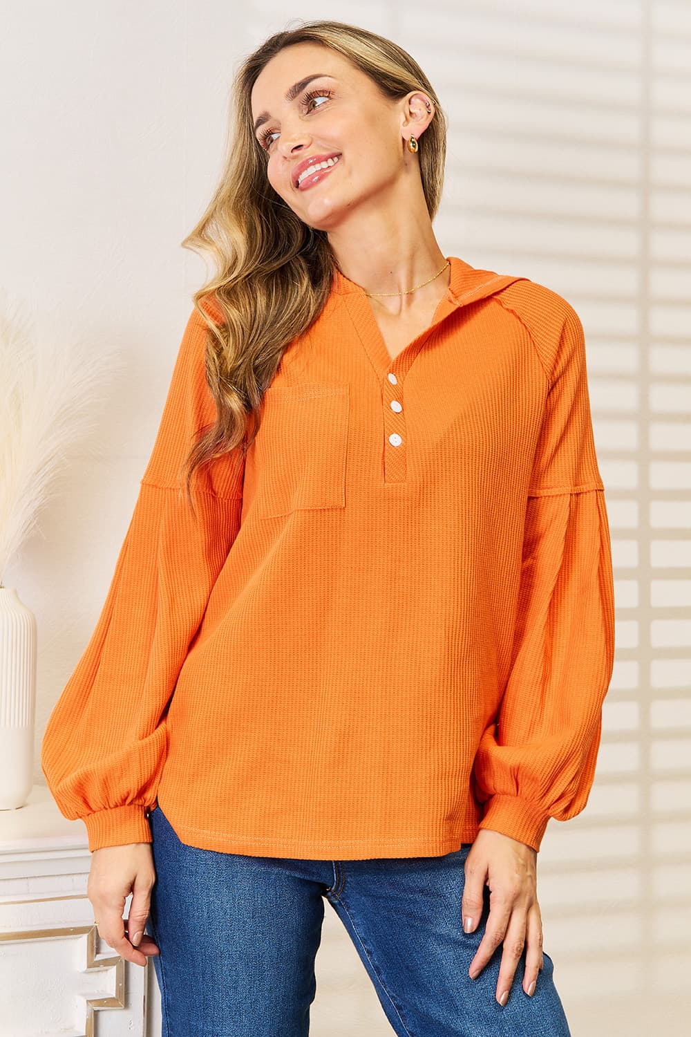 Basic Bae Side Slit Buttoned Waffle Knit Hoodie Shirts & Tops Krazy Heart Designs Boutique