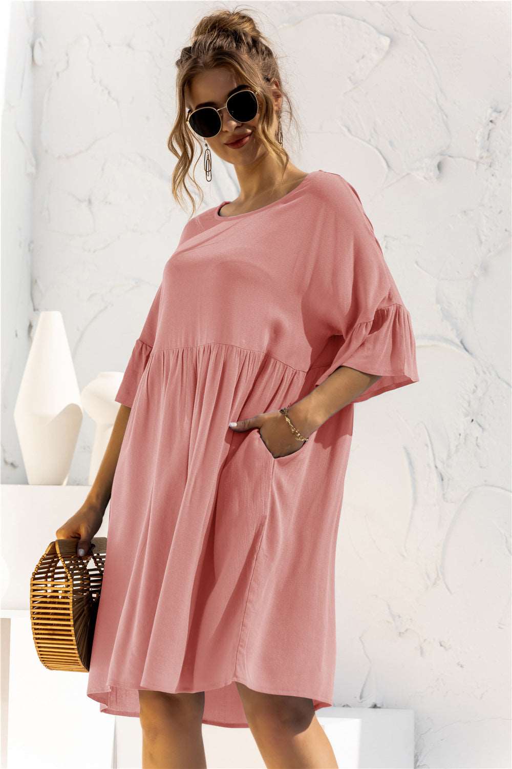 Boat Neck Flounce Sleeve Knee-Length Dress (2 Colors) Krazy Heart Designs Boutique