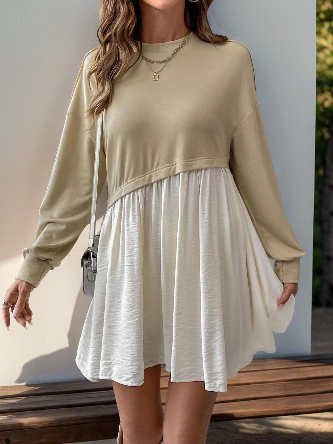 Perfee Contrast Round Neck Long Sleeve Mini Dress Dress Krazy Heart Designs Boutique Tan S