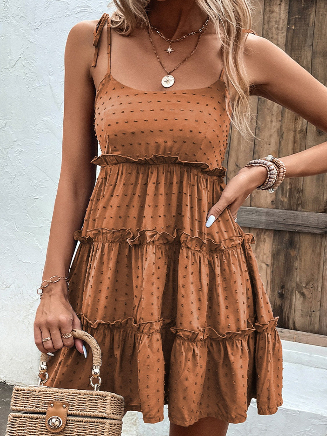 Frill Spaghetti Strap Tiered Dress (9 Colors) Dress Krazy Heart Designs Boutique Caramel S
