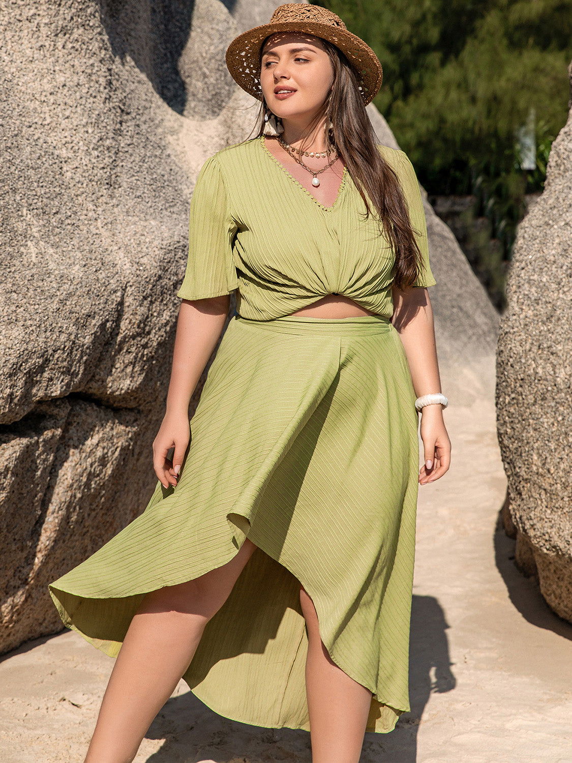 Plus Size V-Neck Half Sleeve Top and High-Low Skirt Set outfits Krazy Heart Designs Boutique Yellow-Green 0XL