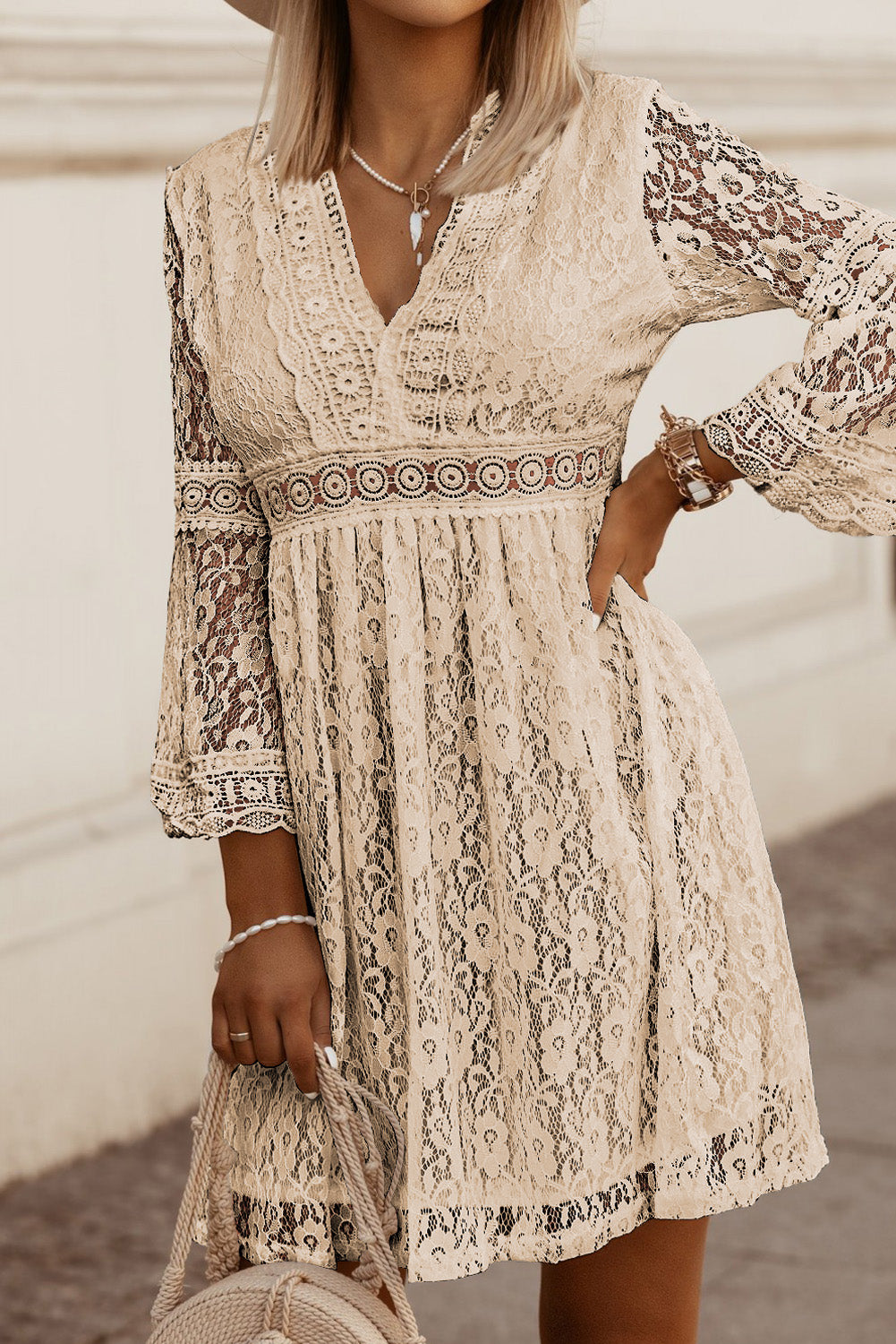 Lace V-Neck Three-Quarter Sleeve Dress Dress Krazy Heart Designs Boutique Tan S