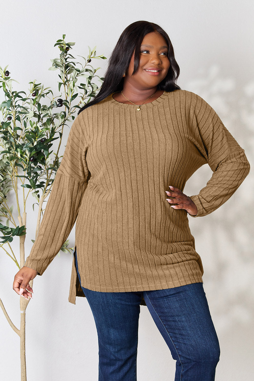 Basic Bae Full Size Ribbed Round Neck Long Sleeve Slit Top (4 Colors) Shirts & Tops Krazy Heart Designs Boutique Tan L