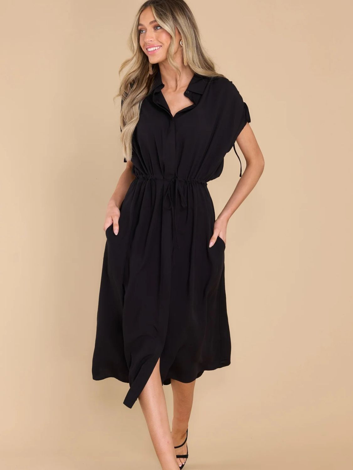 Drawstring Collared Neck Short Sleeve Midi Dress Dress Krazy Heart Designs Boutique Black S