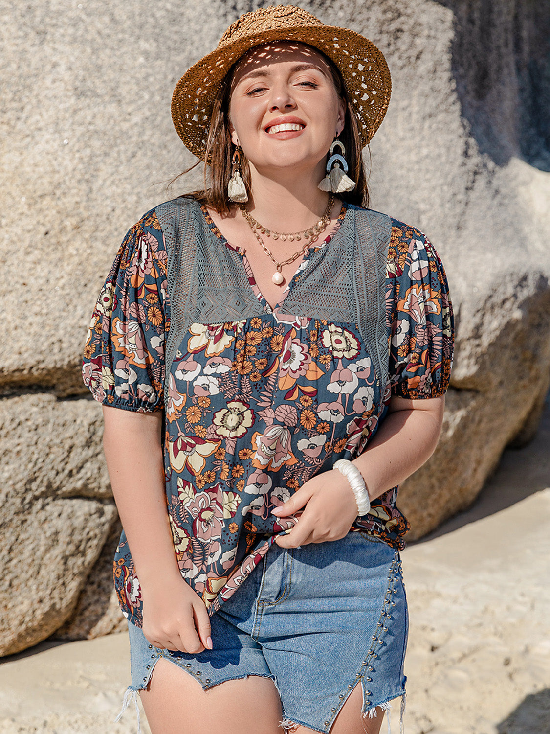 Plus Size Printed Notched Half Sleeve Blouse Shirts & Tops Krazy Heart Designs Boutique