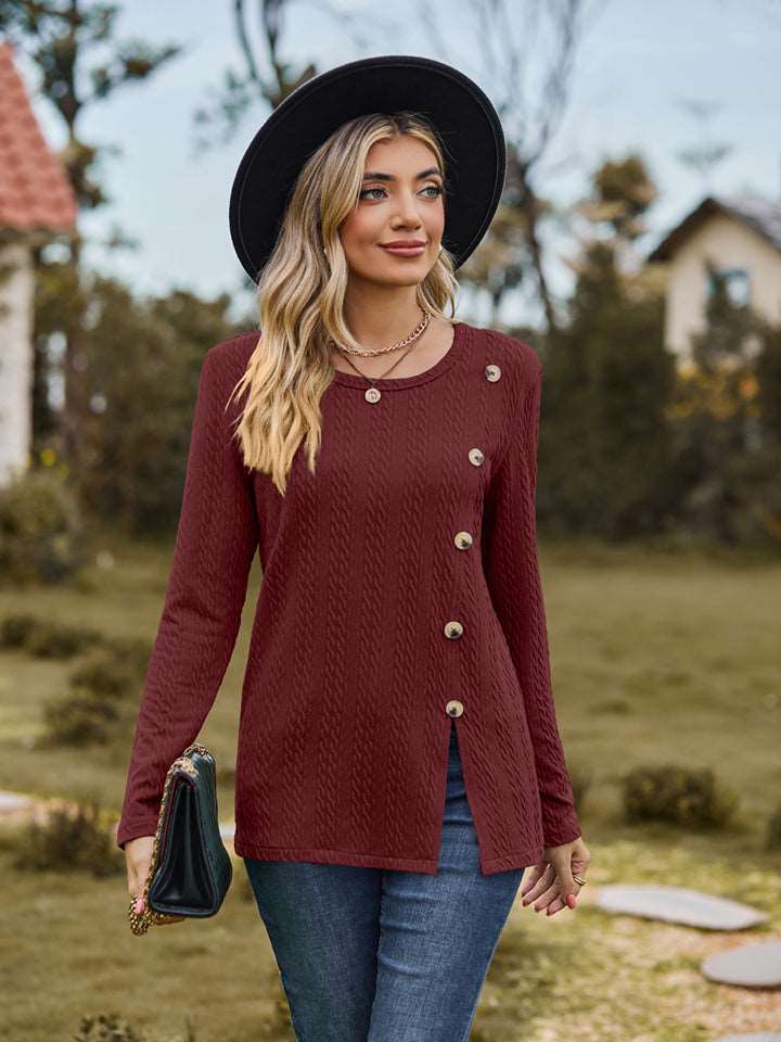 Decorative Button Slit Long Sleeve Top (6 Colors) Krazy Heart Designs Boutique Wine S