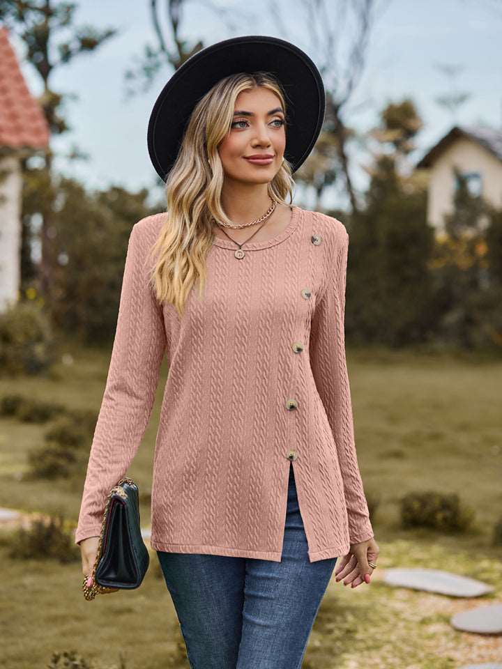 Decorative Button Slit Long Sleeve Top (6 Colors) Krazy Heart Designs Boutique Peach S
