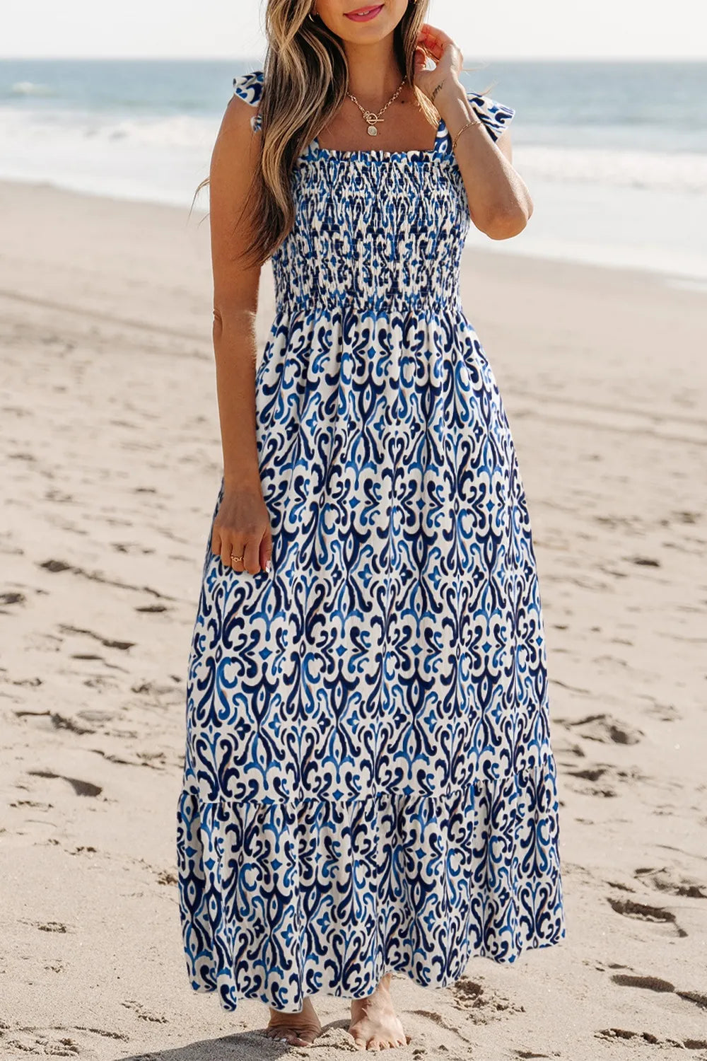 Dusty Blue Printed Smocked Square Neck Dress Dress Krazy Heart Designs Boutique