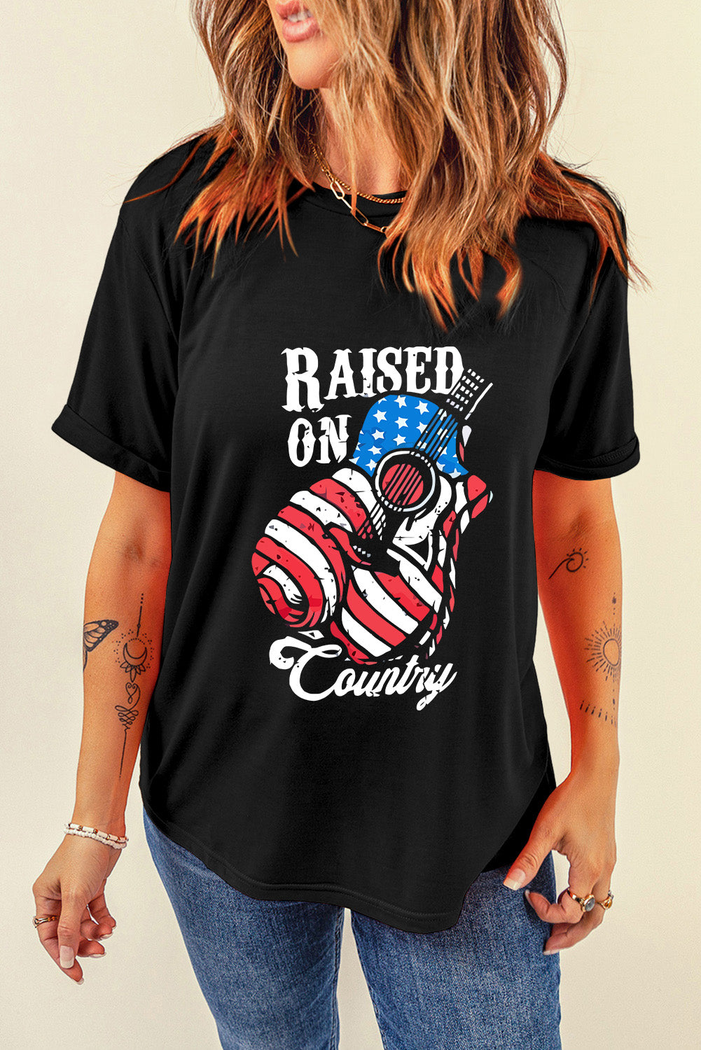 RAISED ON COUNTRY Round Neck Tee T-Shirt Krazy Heart Designs Boutique Black S
