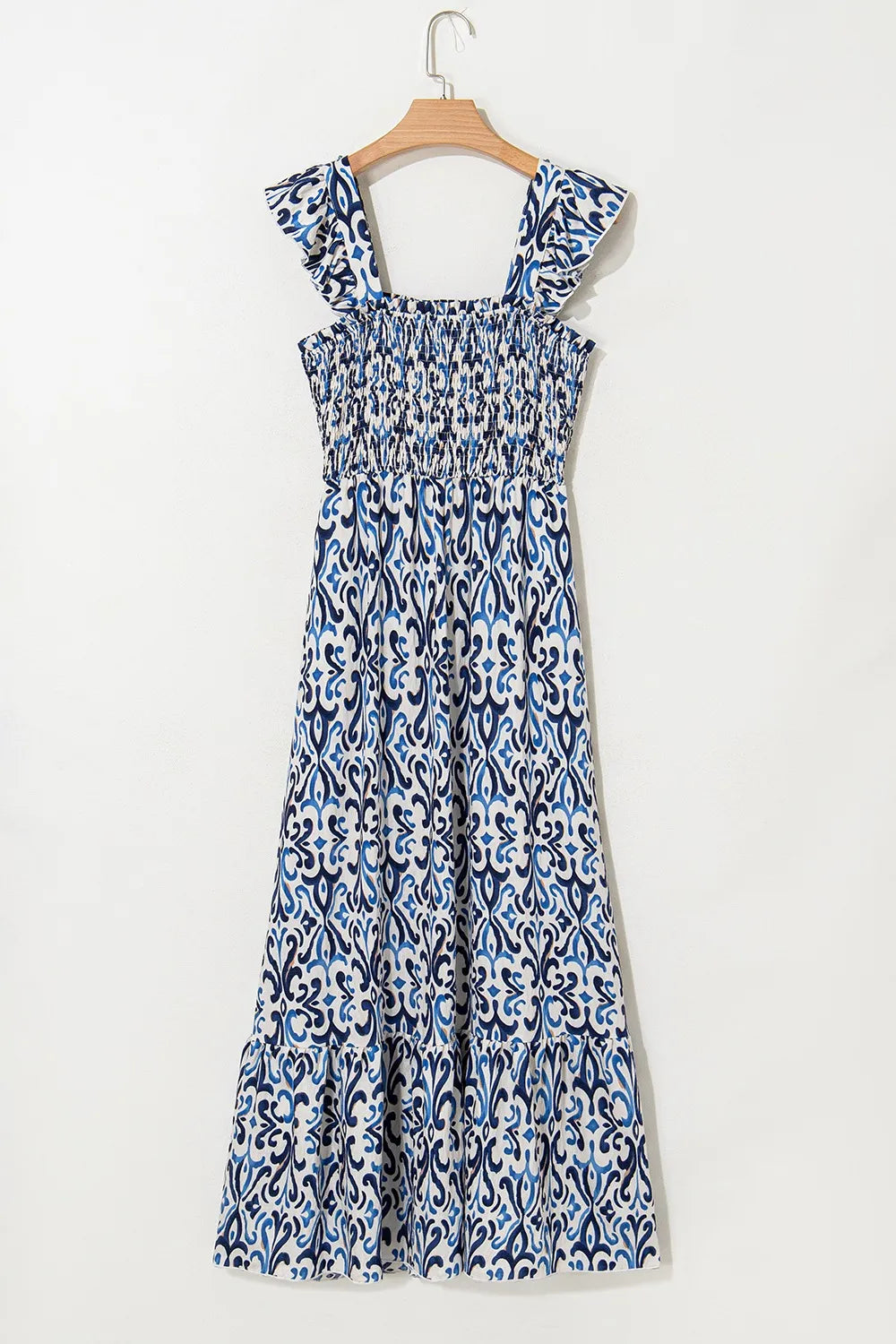 Dusty Blue Printed Smocked Square Neck Dress Dress Krazy Heart Designs Boutique