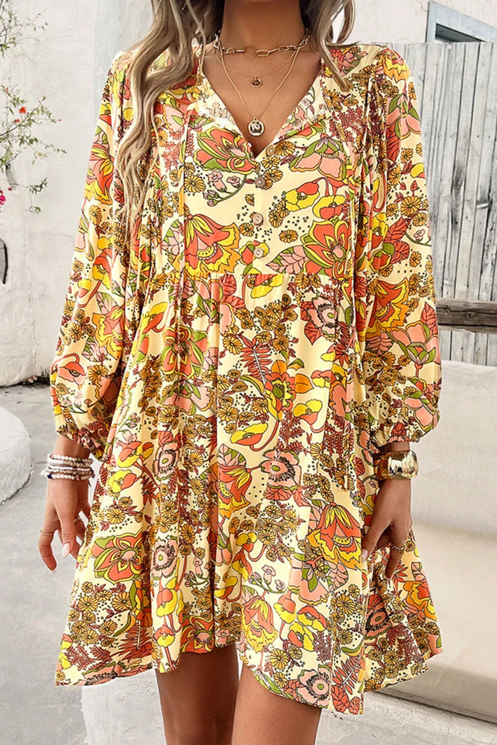Printed Tie Neck Balloon Sleeve Mini Dress Dress Krazy Heart Designs Boutique Yellow S