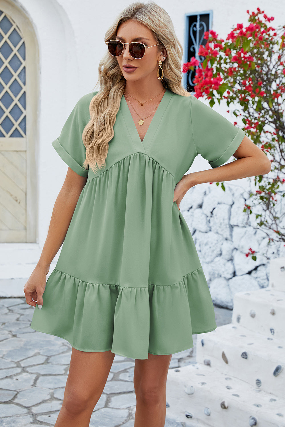 Ruched Tiered V-Neck Short Sleeve Mini Dress (5 Colors) Dress Krazy Heart Designs Boutique