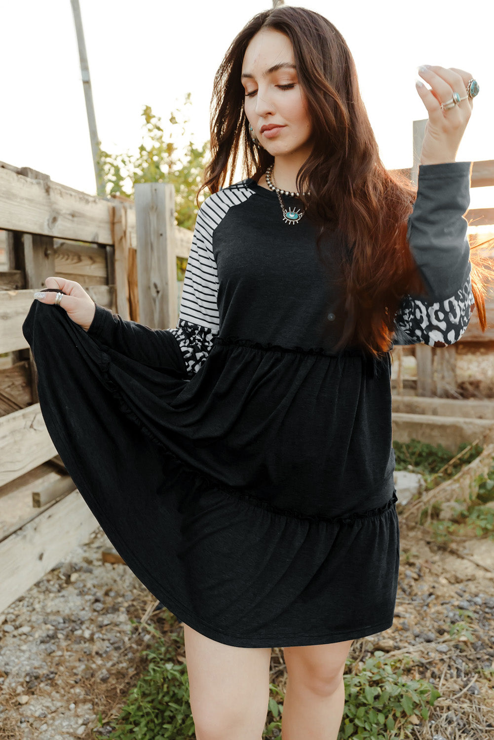 Mixed Print Frill Trim Long Sleeve Dress (3 Colors) Dress Krazy Heart Designs Boutique Black S