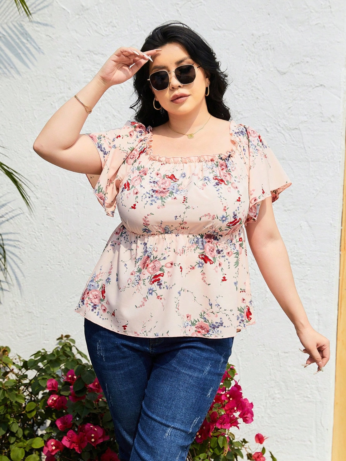 Plus Size Frill Floral Print Flutter Sleeve Blouse Shirts & Tops Krazy Heart Designs Boutique Watermelon pink 1XL