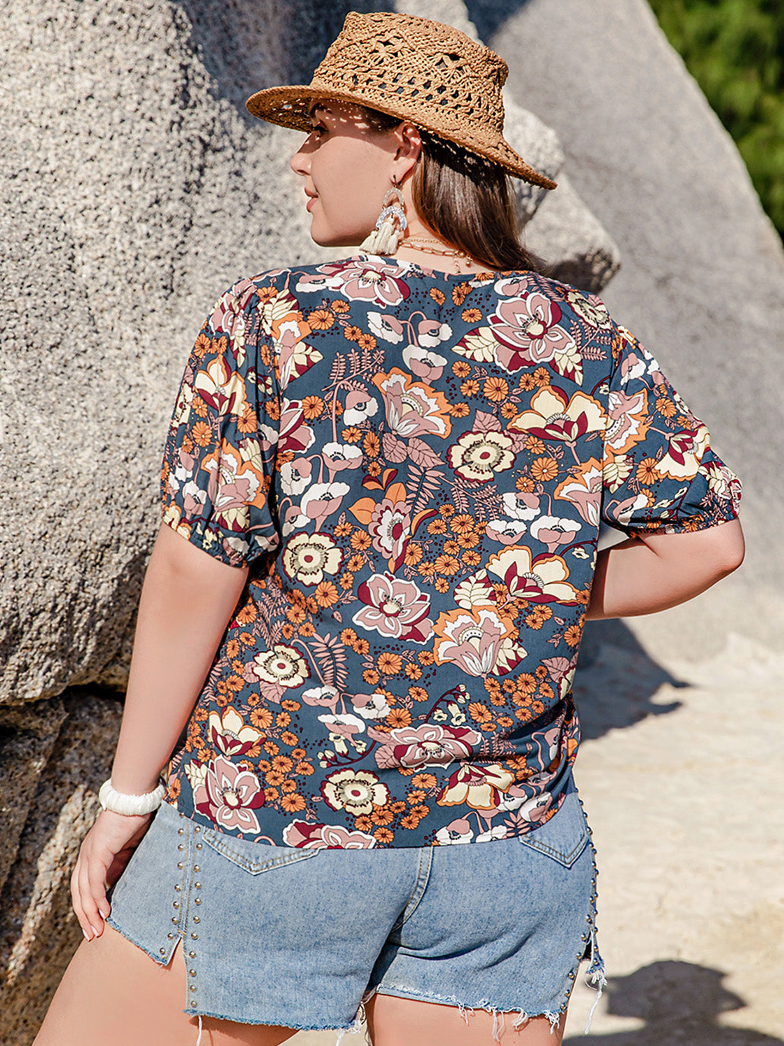 Plus Size Printed Notched Half Sleeve Blouse Shirts & Tops Krazy Heart Designs Boutique