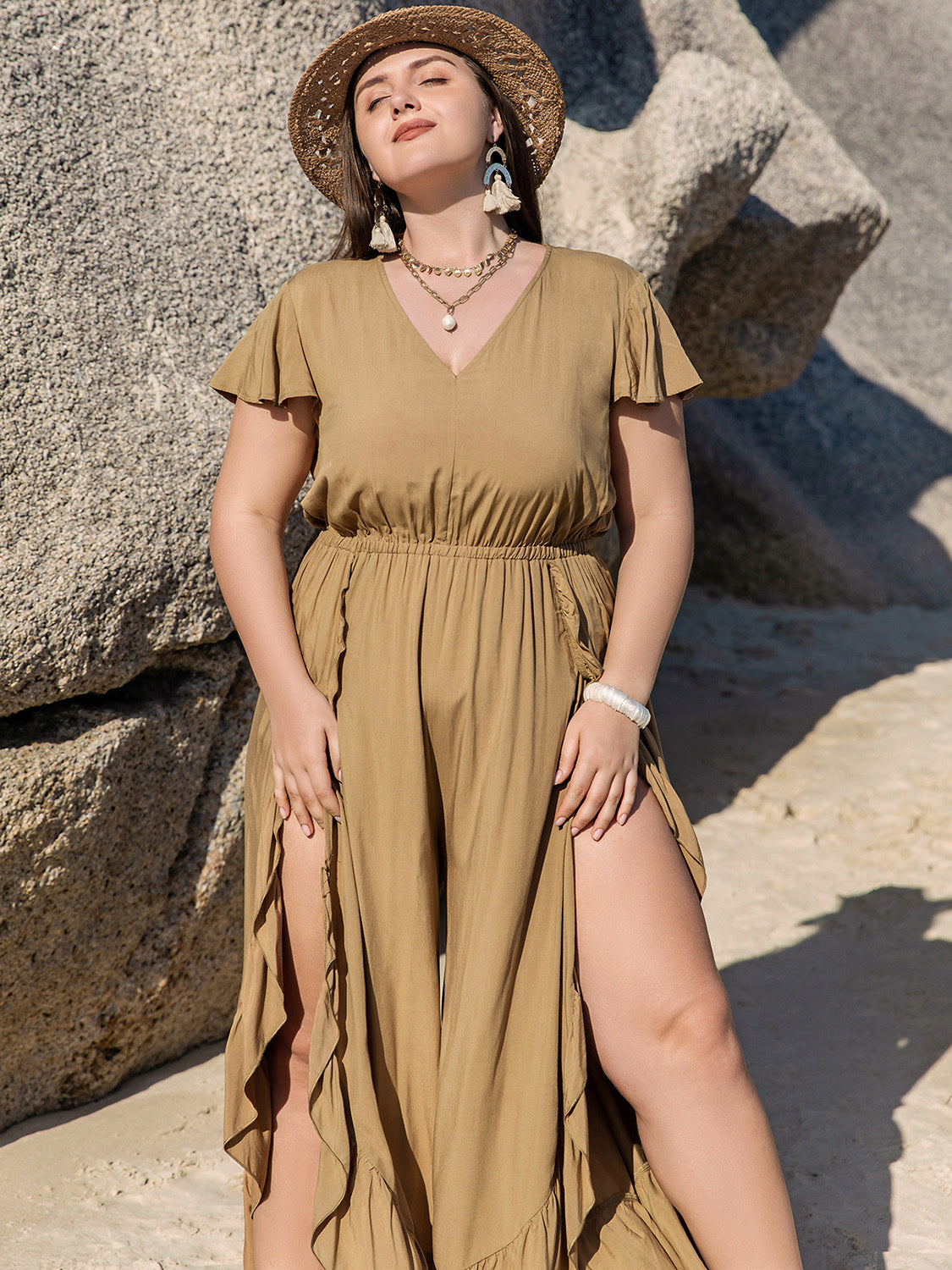 Plus Size Slit Ruffled V-Neck Jumpsuit Outfit Sets Krazy Heart Designs Boutique