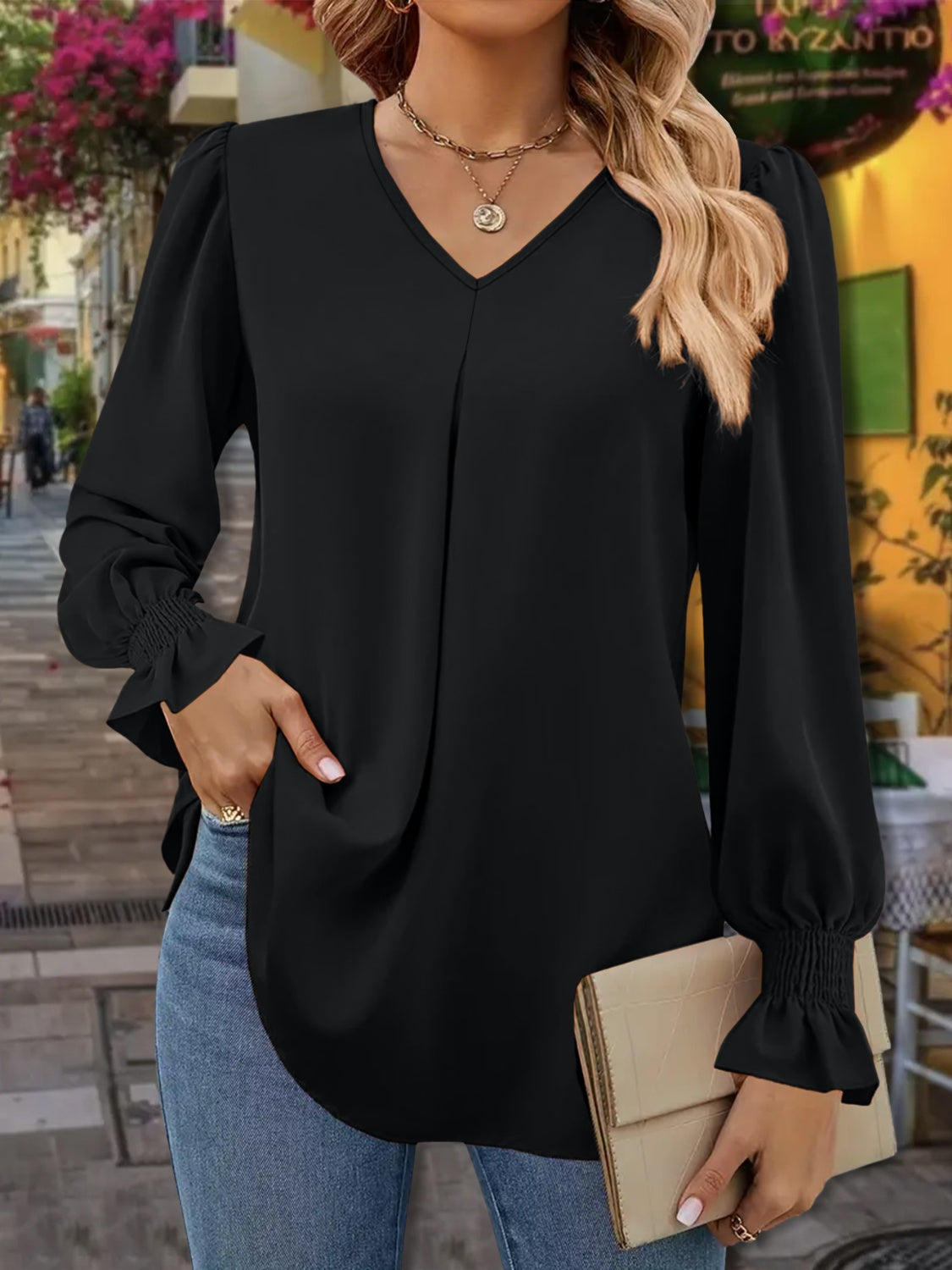 V-Neck Flounce Sleeve Blouse Shirts & Tops Krazy Heart Designs Boutique Black S