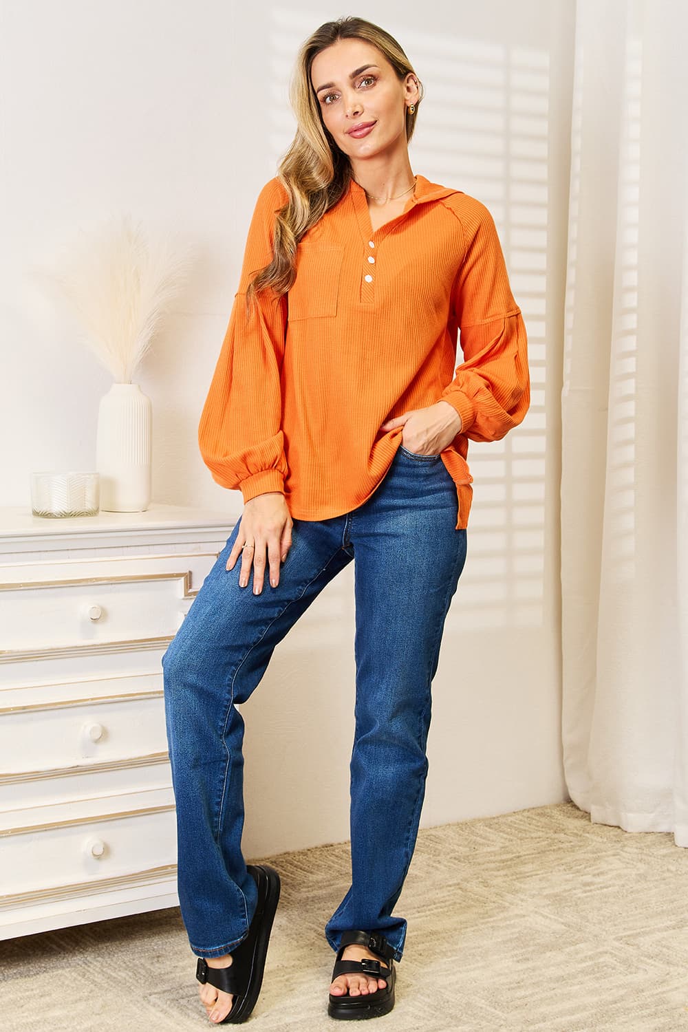 Basic Bae Side Slit Buttoned Waffle Knit Hoodie Shirts & Tops Krazy Heart Designs Boutique