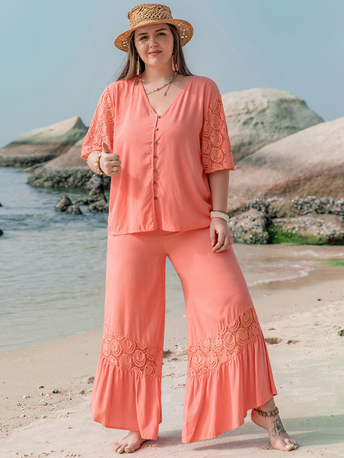Plus Size Button Up Half Sleeve Top and Pants Set Outfit Sets Krazy Heart Designs Boutique