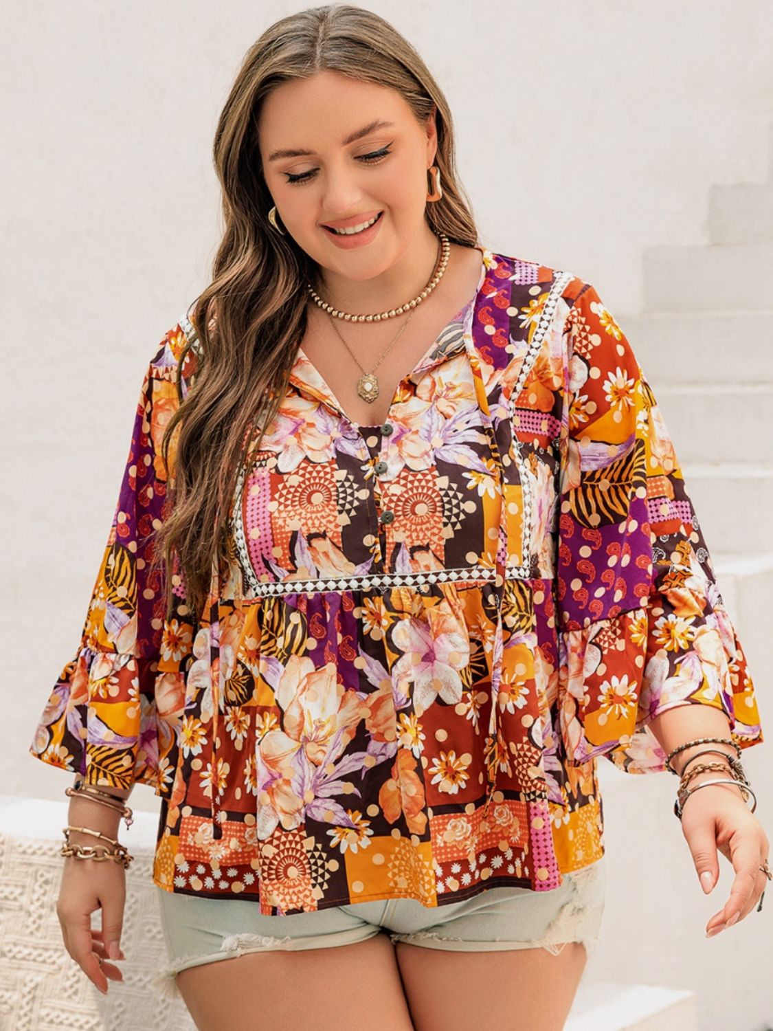 Plus Size Floral Printed Tie Neck Blouse Shirts & Tops Krazy Heart Designs Boutique