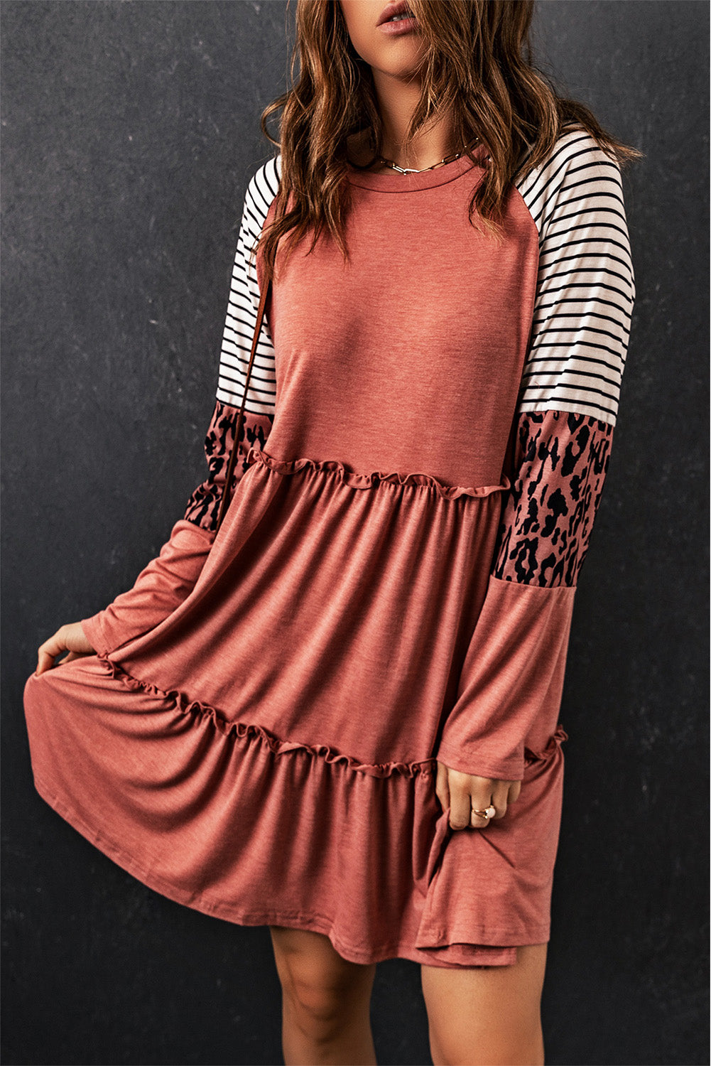 Mixed Print Frill Trim Long Sleeve Dress (3 Colors) Dress Krazy Heart Designs Boutique Burnt Coral S