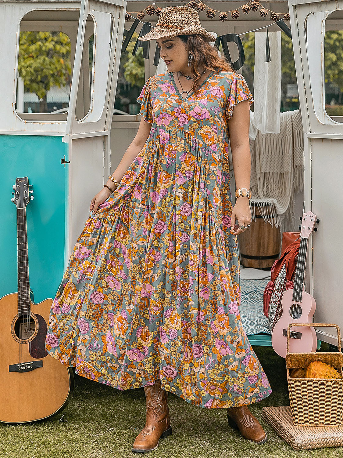 Plus Size Ruffled Printed Cap Sleeve Dress (2 Prints) Dress Krazy Heart Designs Boutique Flower-Color 0XL