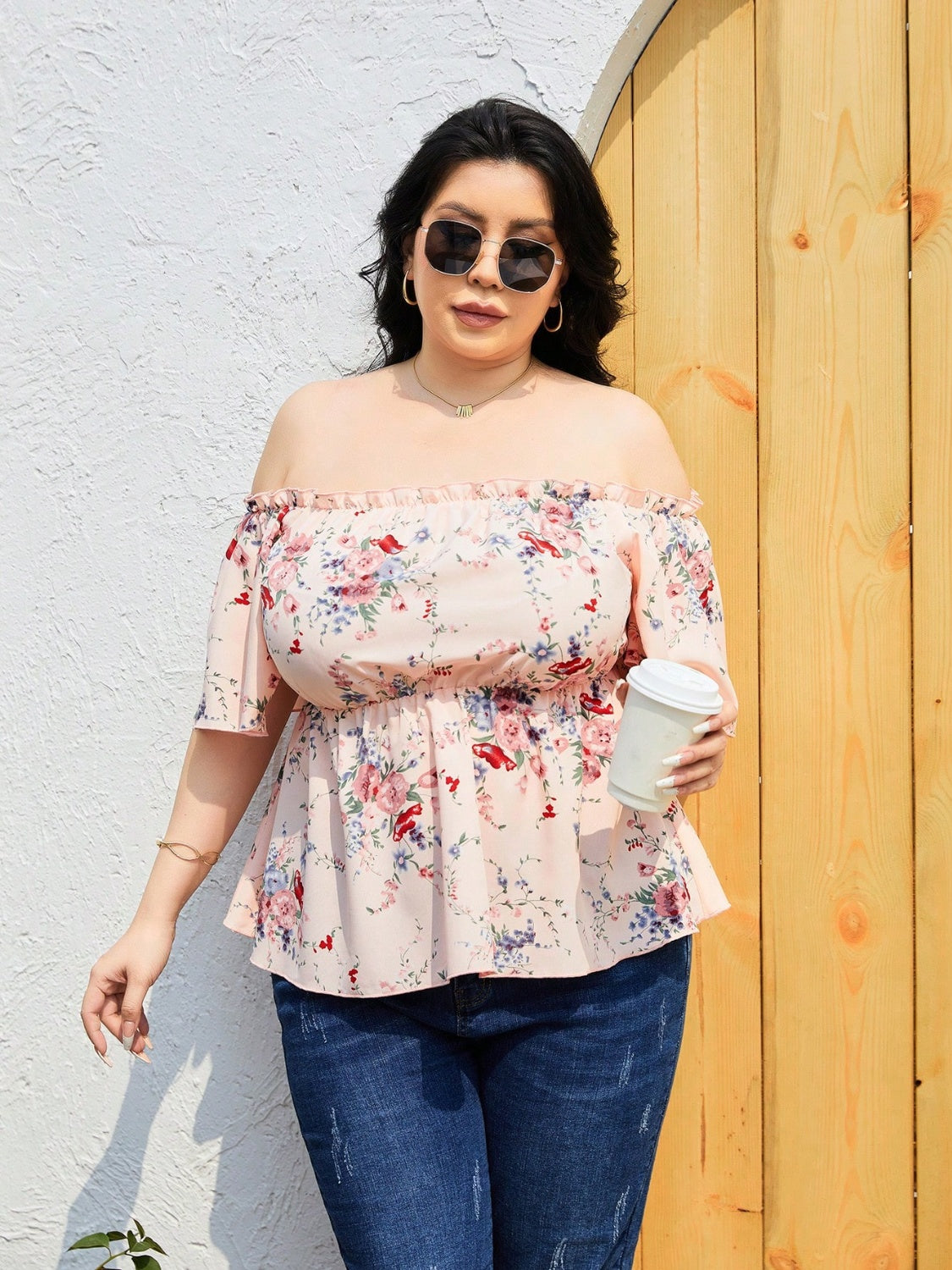 Plus Size Frill Floral Print Flutter Sleeve Blouse Shirts & Tops Krazy Heart Designs Boutique