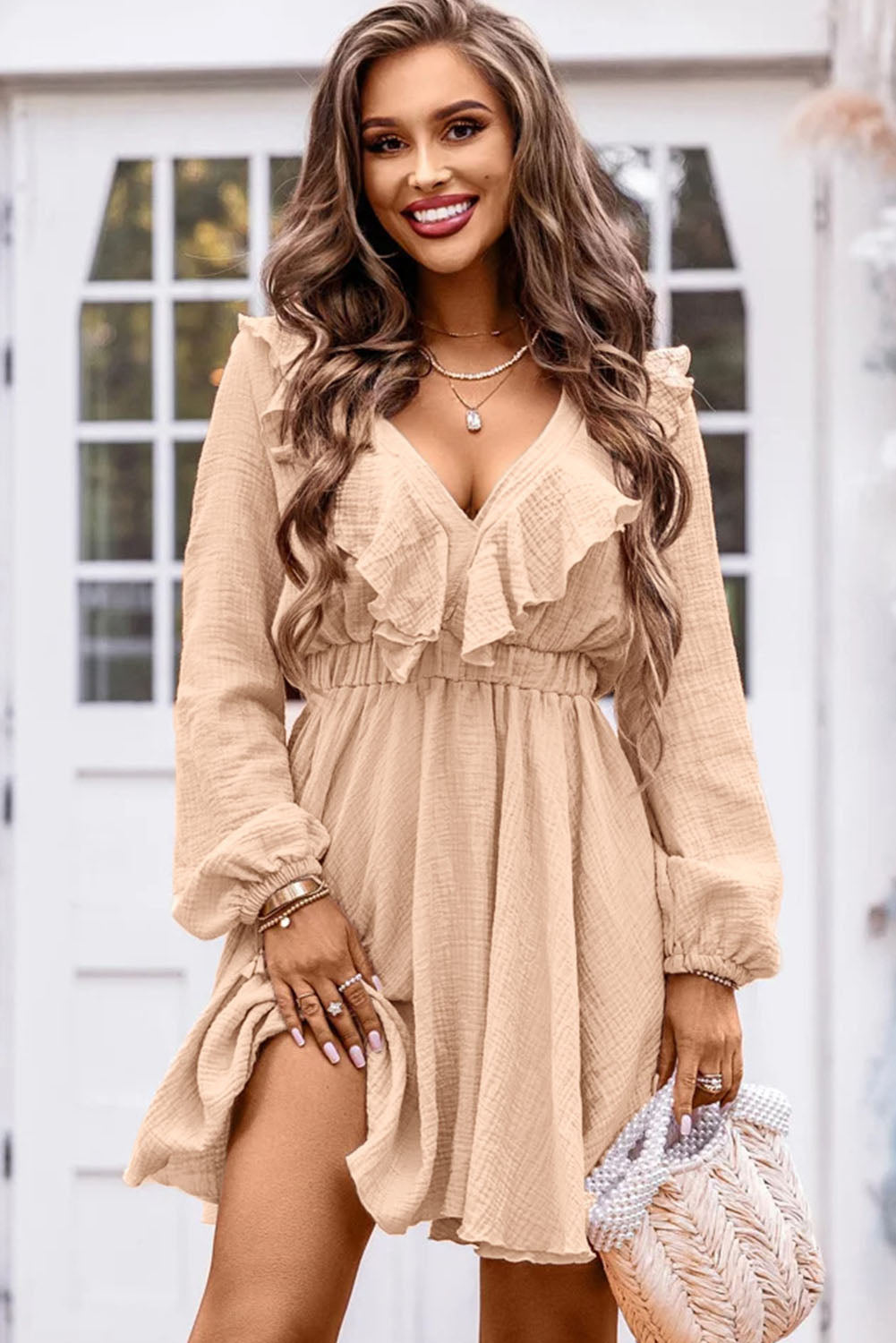 Ruffle Trim V-Neck Long Sleeve Mini Dress (2 Colors) Dress Krazy Heart Designs Boutique Tan S