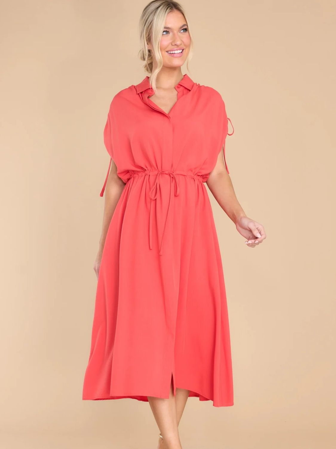 Drawstring Collared Neck Short Sleeve Midi Dress Dress Krazy Heart Designs Boutique