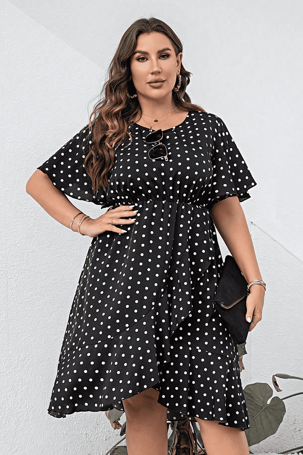 Plus Size Polka Dot Flutter Sleeve Dress Dress Krazy Heart Designs Boutique Black 1XL