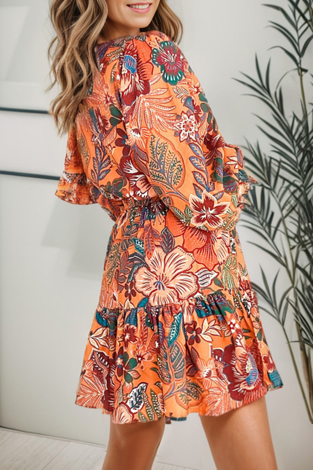 Tropical Print Tie Waist Lantern Sleeve Mini Dress Dress Krazy Heart Designs Boutique