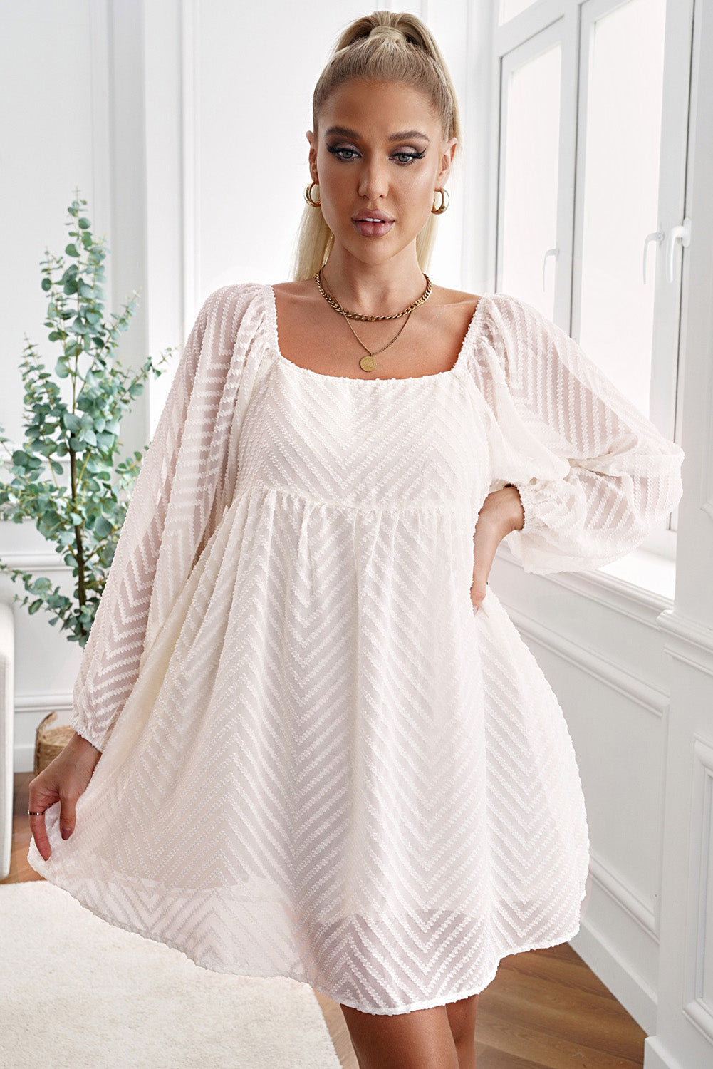 Textured Square Neck Mini Dress (6 Colors) Dress Krazy Heart Designs Boutique Beige S