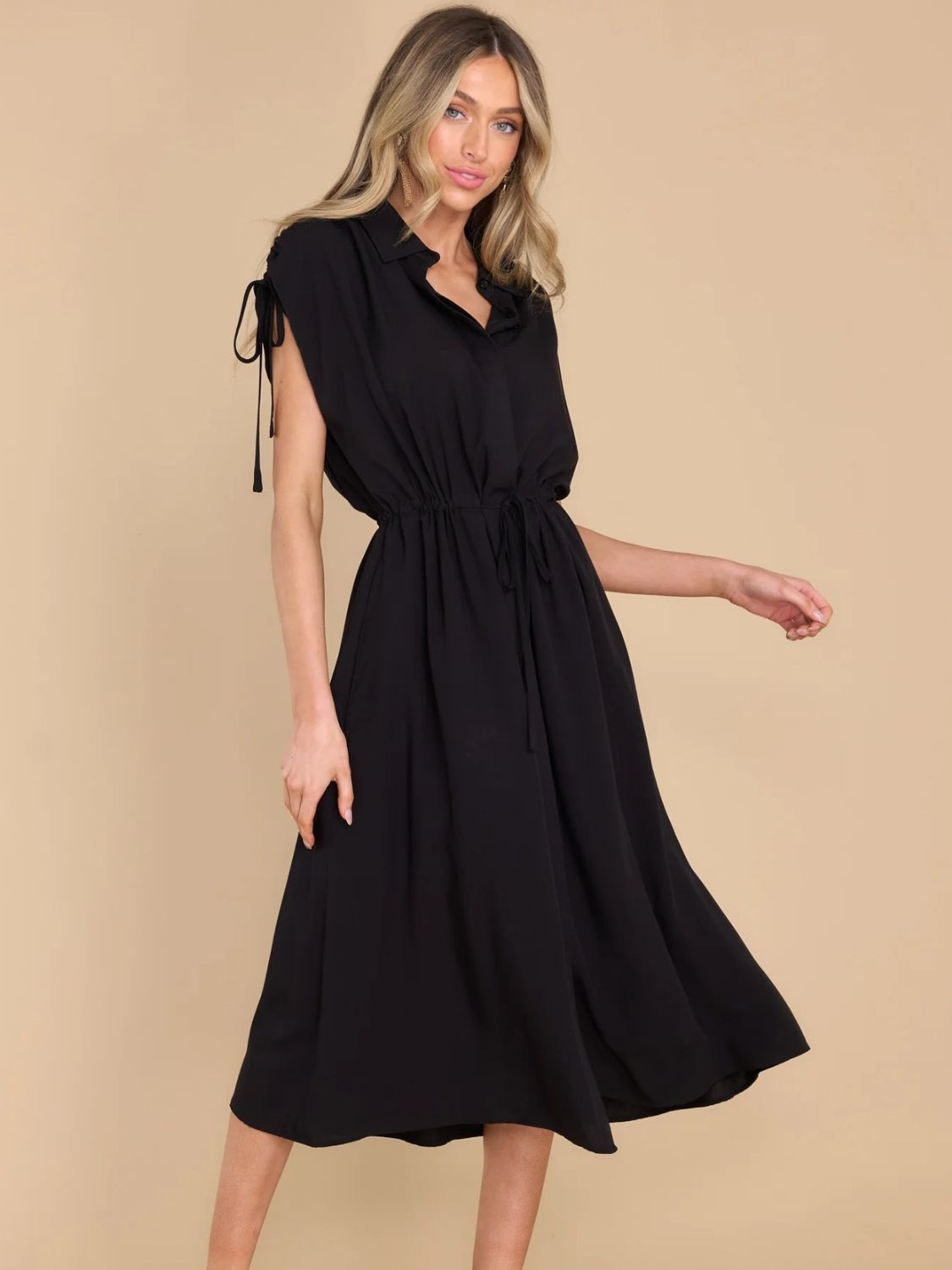 Drawstring Collared Neck Short Sleeve Midi Dress Dress Krazy Heart Designs Boutique