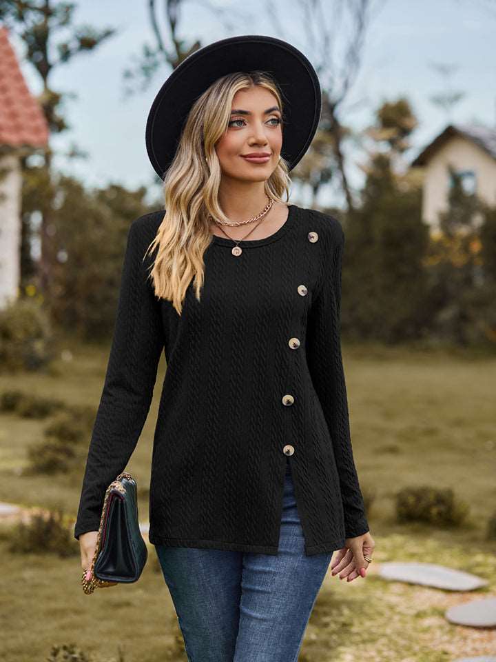 Decorative Button Slit Long Sleeve Top (6 Colors) Krazy Heart Designs Boutique Black S