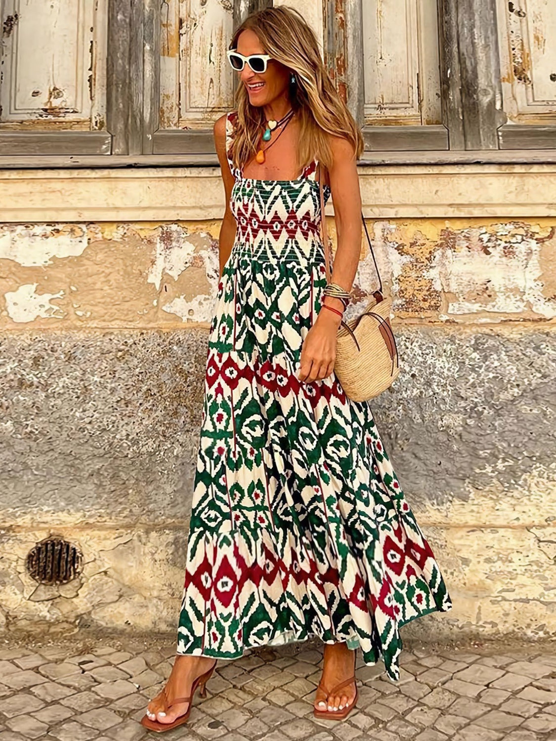 Smocked Printed Square Neck Sleeveless Cami Dress (7 Colors) Dress Krazy Heart Designs Boutique Dark Green S