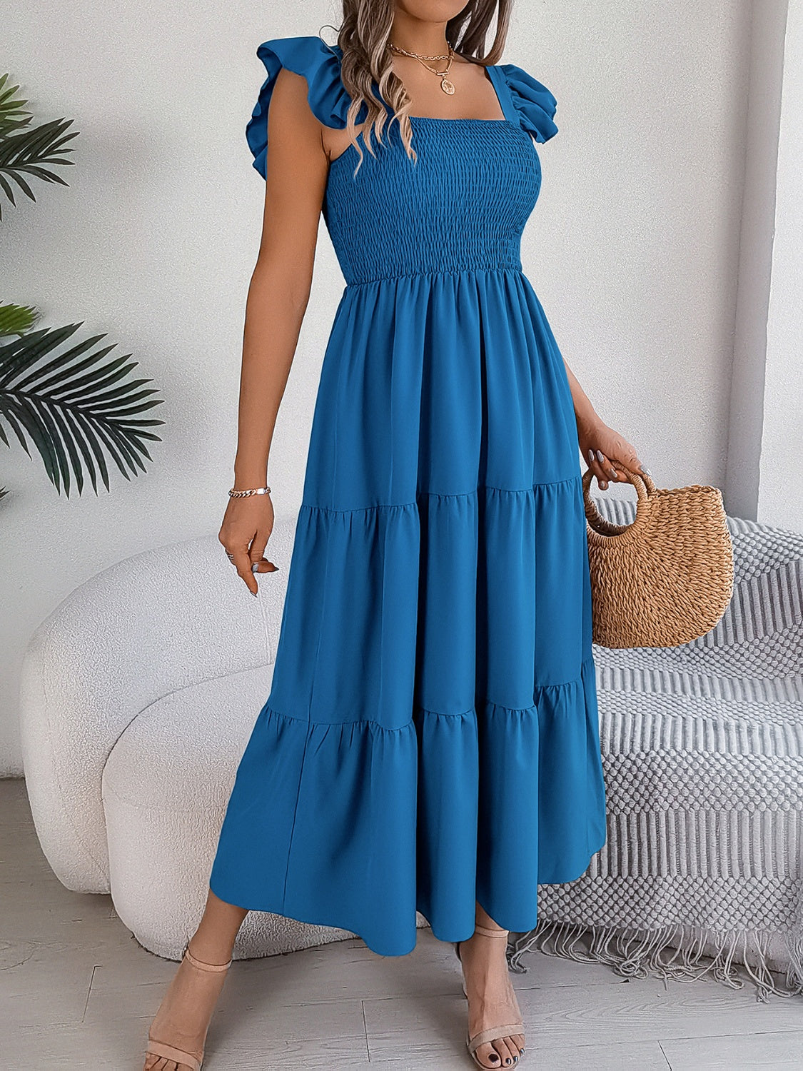 Smocked Square Neck Cap Sleeve Midi Dress (5 Colors) Dress Krazy Heart Designs Boutique Royal Blue S