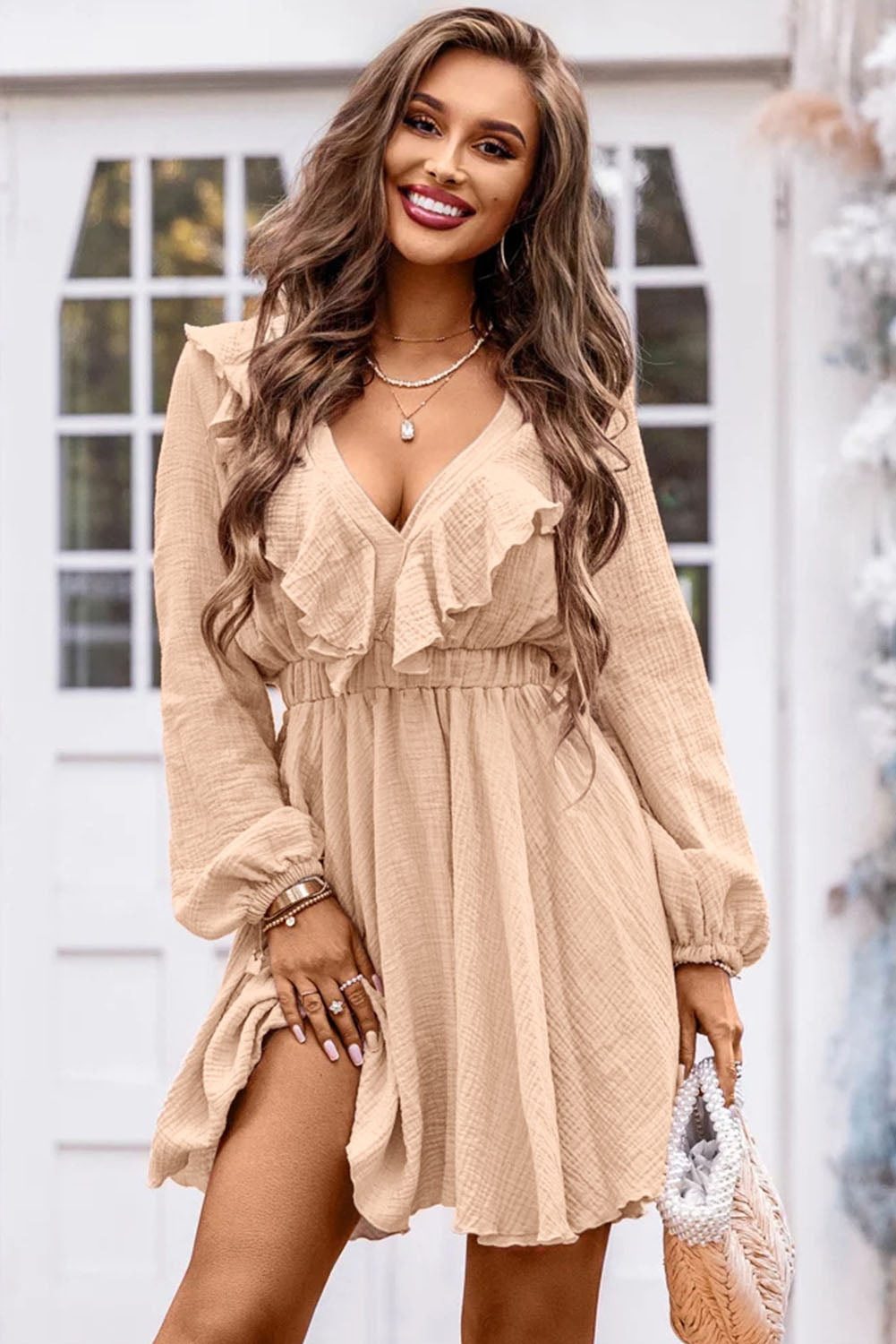 Ruffle Trim V-Neck Long Sleeve Mini Dress (2 Colors) Dress Krazy Heart Designs Boutique
