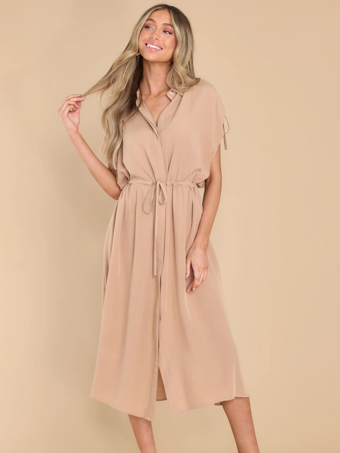 Drawstring Collared Neck Short Sleeve Midi Dress Dress Krazy Heart Designs Boutique