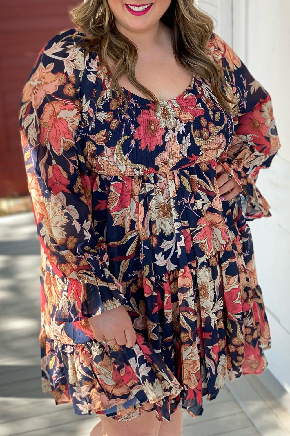 Plus Size Smocked Printed Long Sleeve Dress Dress Krazy Heart Designs Boutique Black 1X