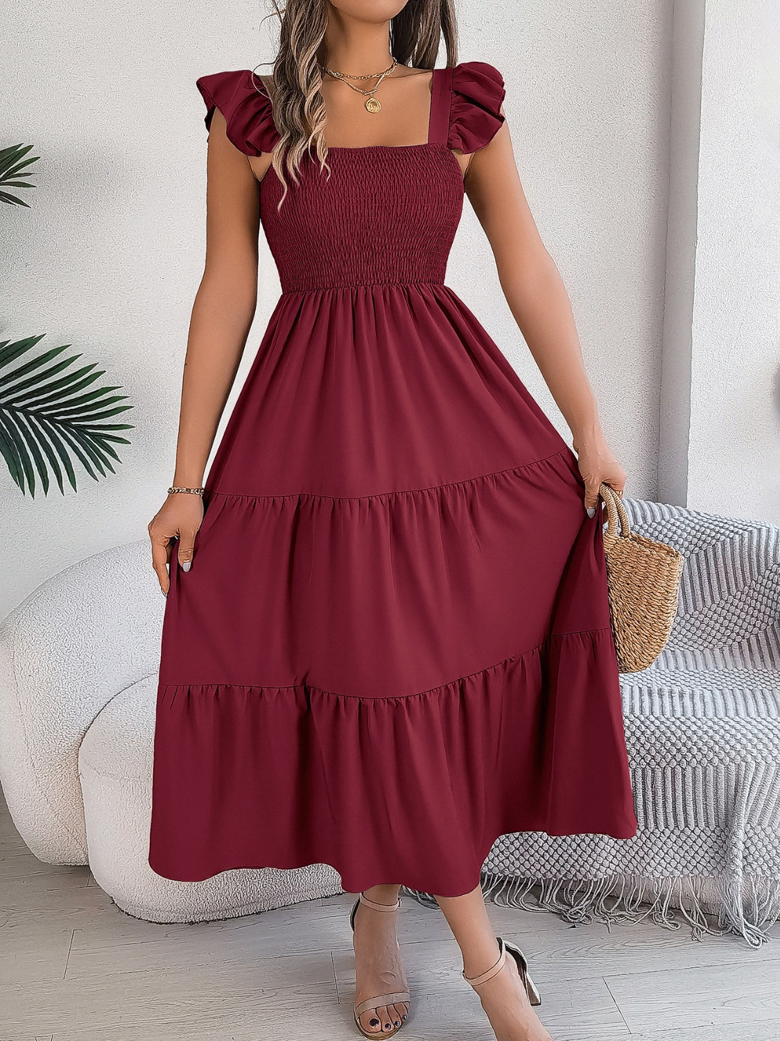 Smocked Square Neck Cap Sleeve Midi Dress (5 Colors) Dress Krazy Heart Designs Boutique