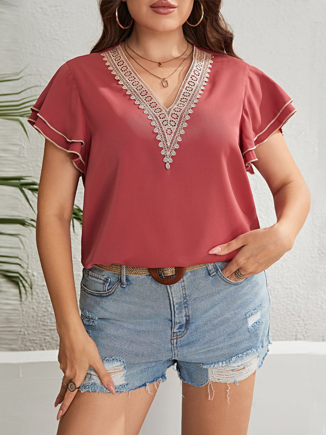 Honey Plus Size Contrast V-Neck Layered Flutter Sleeve Blouse Shirts & Tops Krazy Heart Designs Boutique