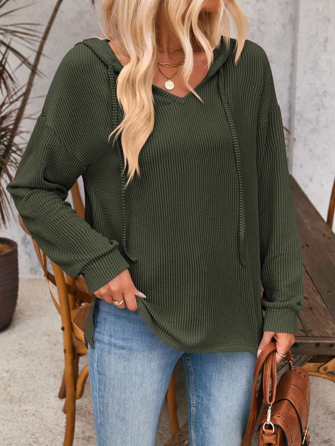 Double Take Drawstring Dropped Shoulder Long Sleeve Hoodie (5 Colors) Shirts & Tops Krazy Heart Designs Boutique Army Green S