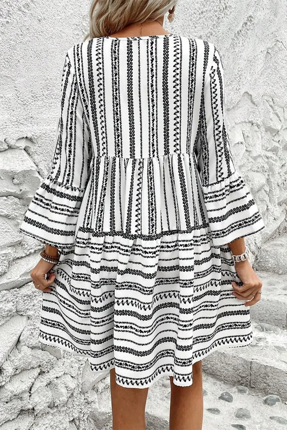 Printed Tie Neck Three-Quarter Sleeve Mini Dress Dress Krazy Heart Designs Boutique