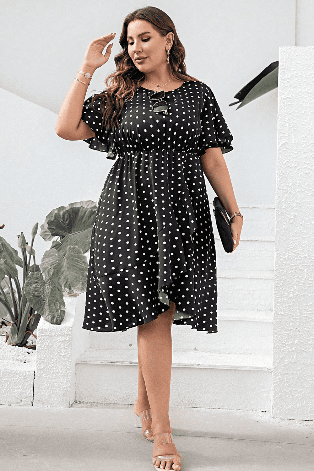 Plus Size Polka Dot Flutter Sleeve Dress Dress Krazy Heart Designs Boutique